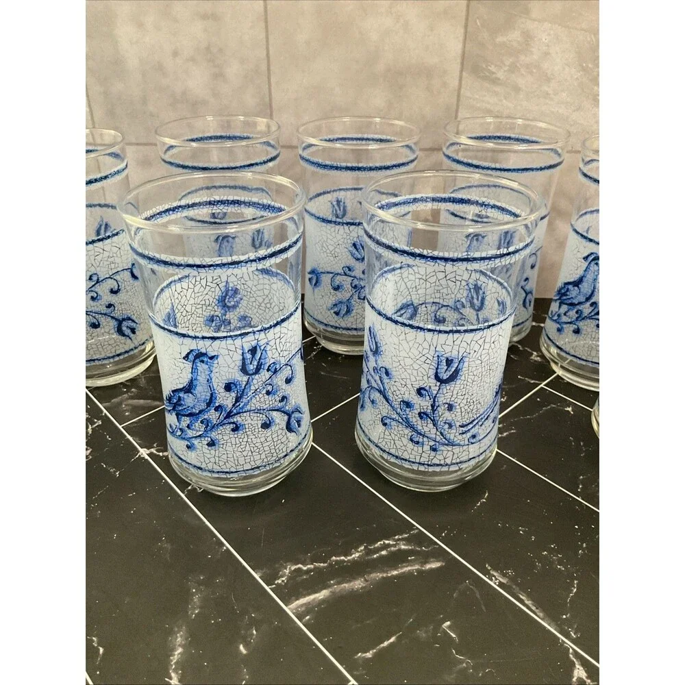 Libbey 10 oz glasses Frosted Blue bird and flower 5.25” X 2.50” Set of 11